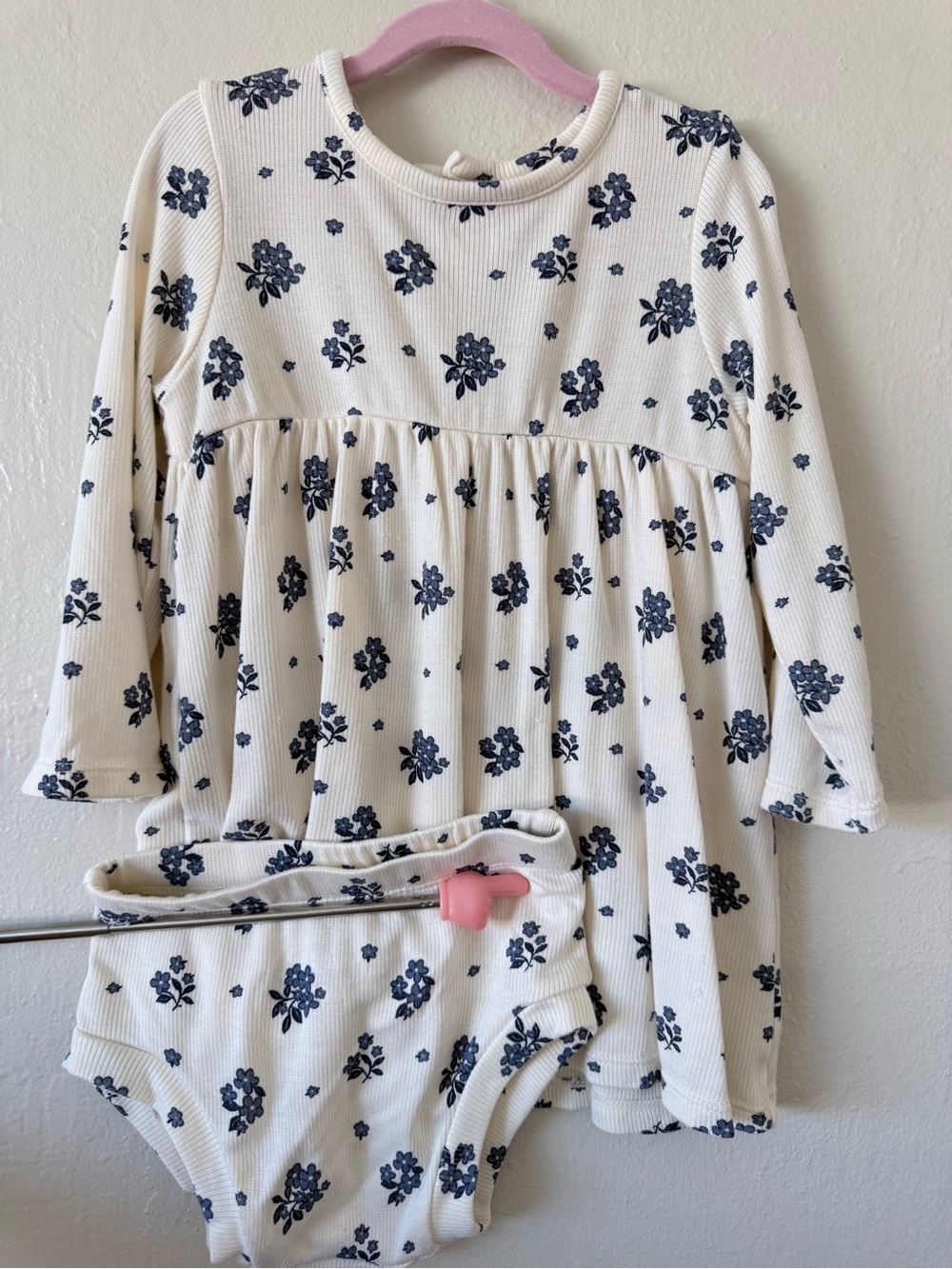 Angel Dear Cream Ribbed Floral Baby Dress with Navy Print